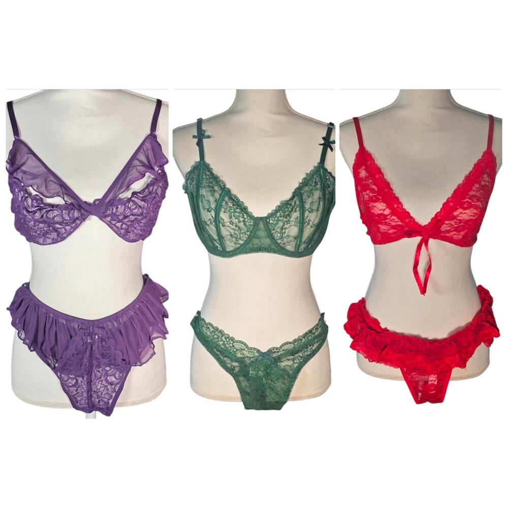 NWT AvidLove Lace Lingerie Lot 3 Bra Panty Sets XXL Purple Red Green